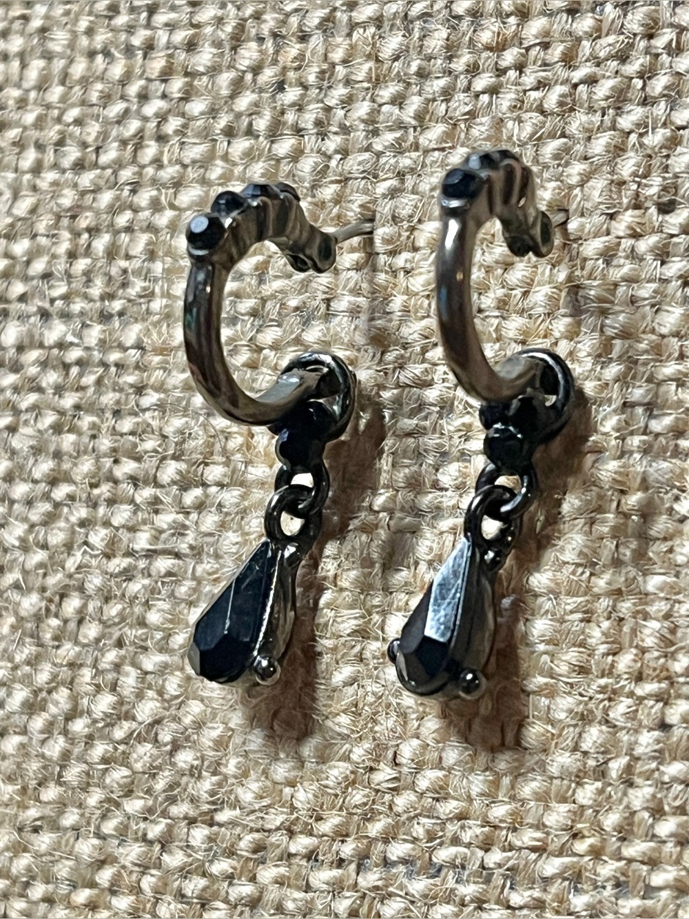 Black Embellished Hoop Pierced Earrings Posts Optional Black Teardrop Dangle